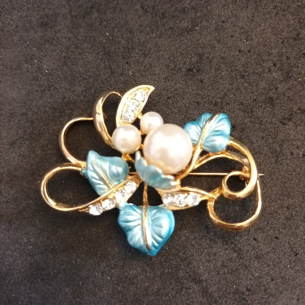 Gold Tone Brooch Faux Pearl Clear Rhinestones  5cm