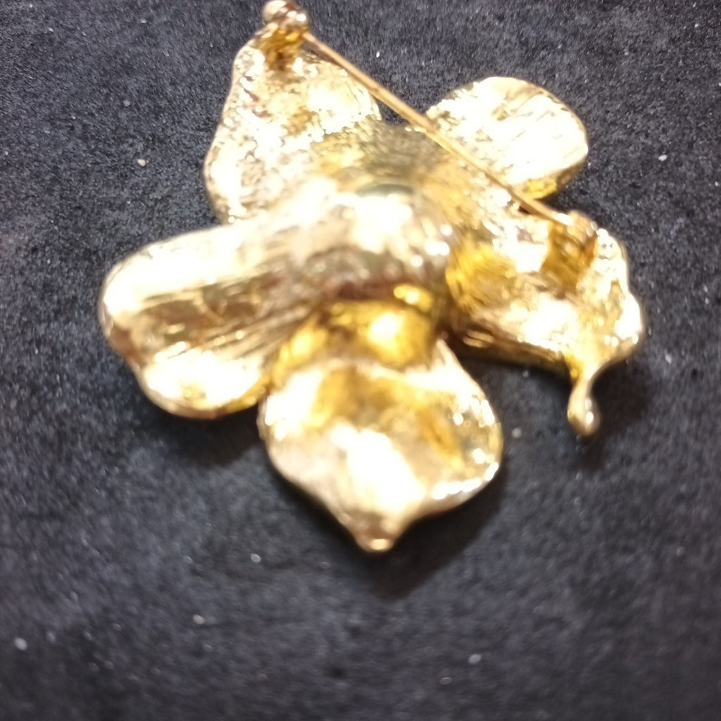 Gold Tone And Red Enamel Brooch Floral 47x47mm