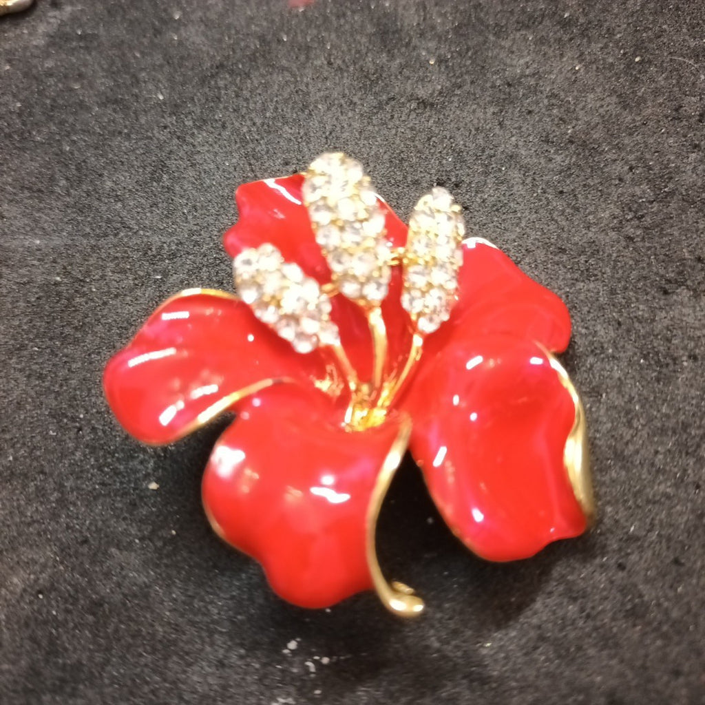 Gold Tone And Red Enamel Brooch Floral 47x47mm