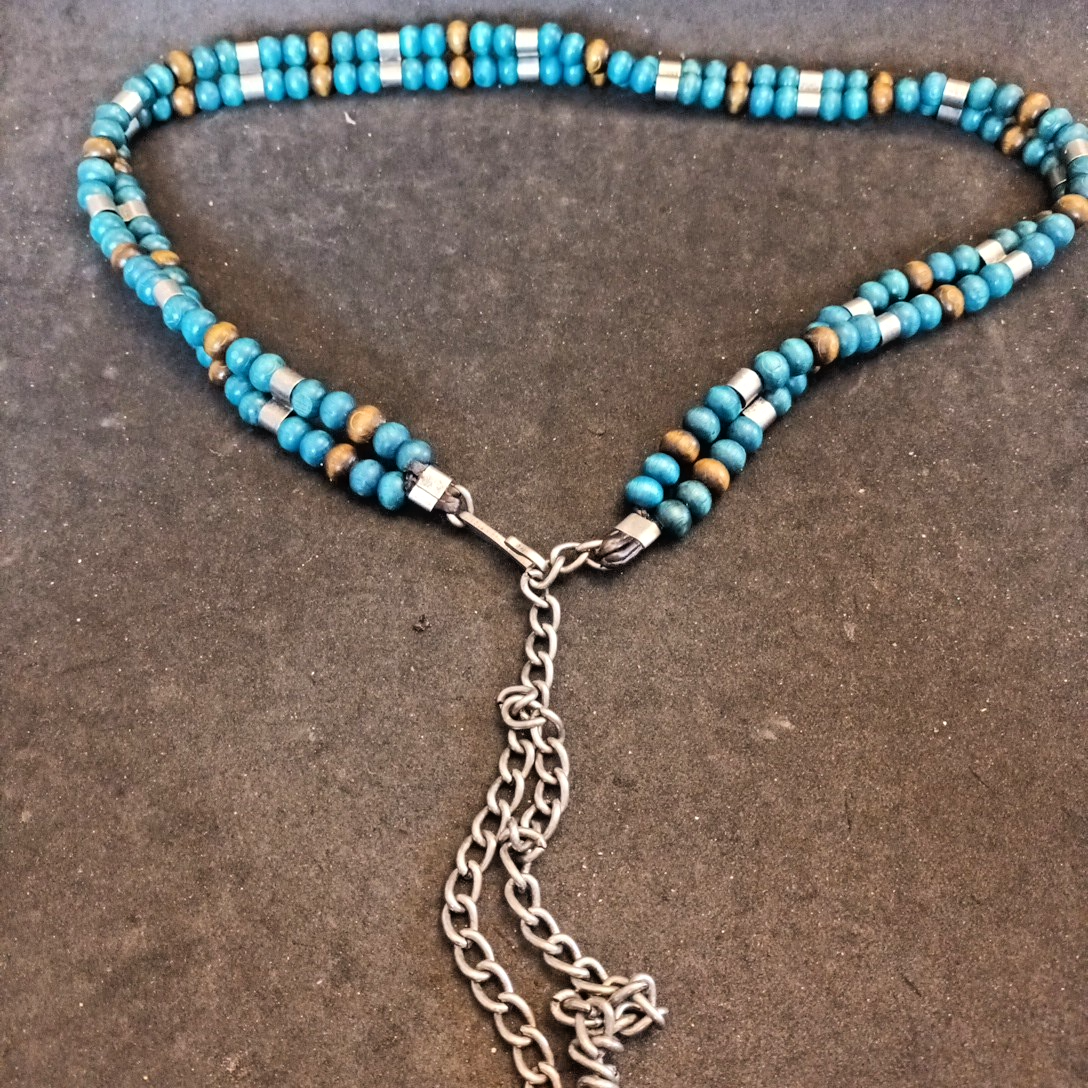 Belt - Wooden Beaded Belt Blue Silver And Brown