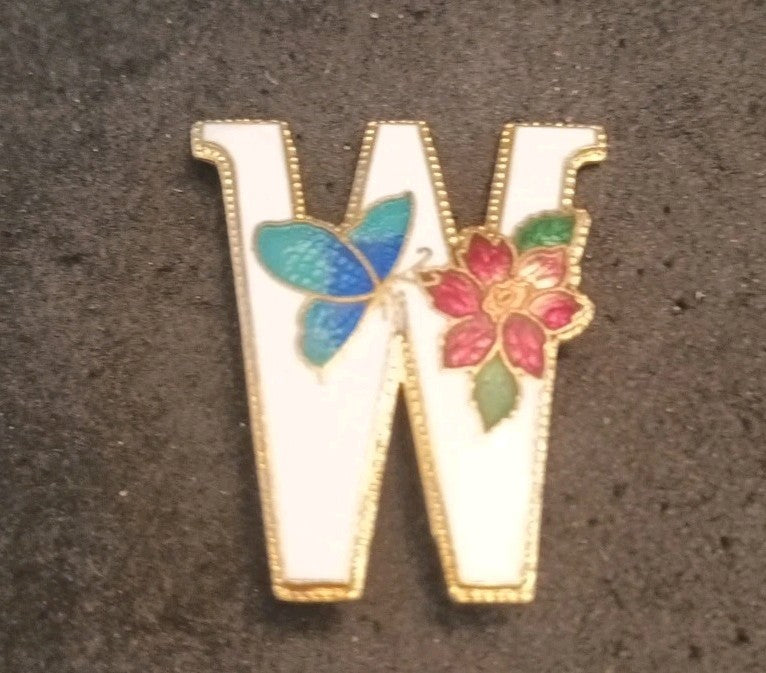 Cloisonne Letter W Brooch. Flower And Butterfly Enamel. Signed SG.