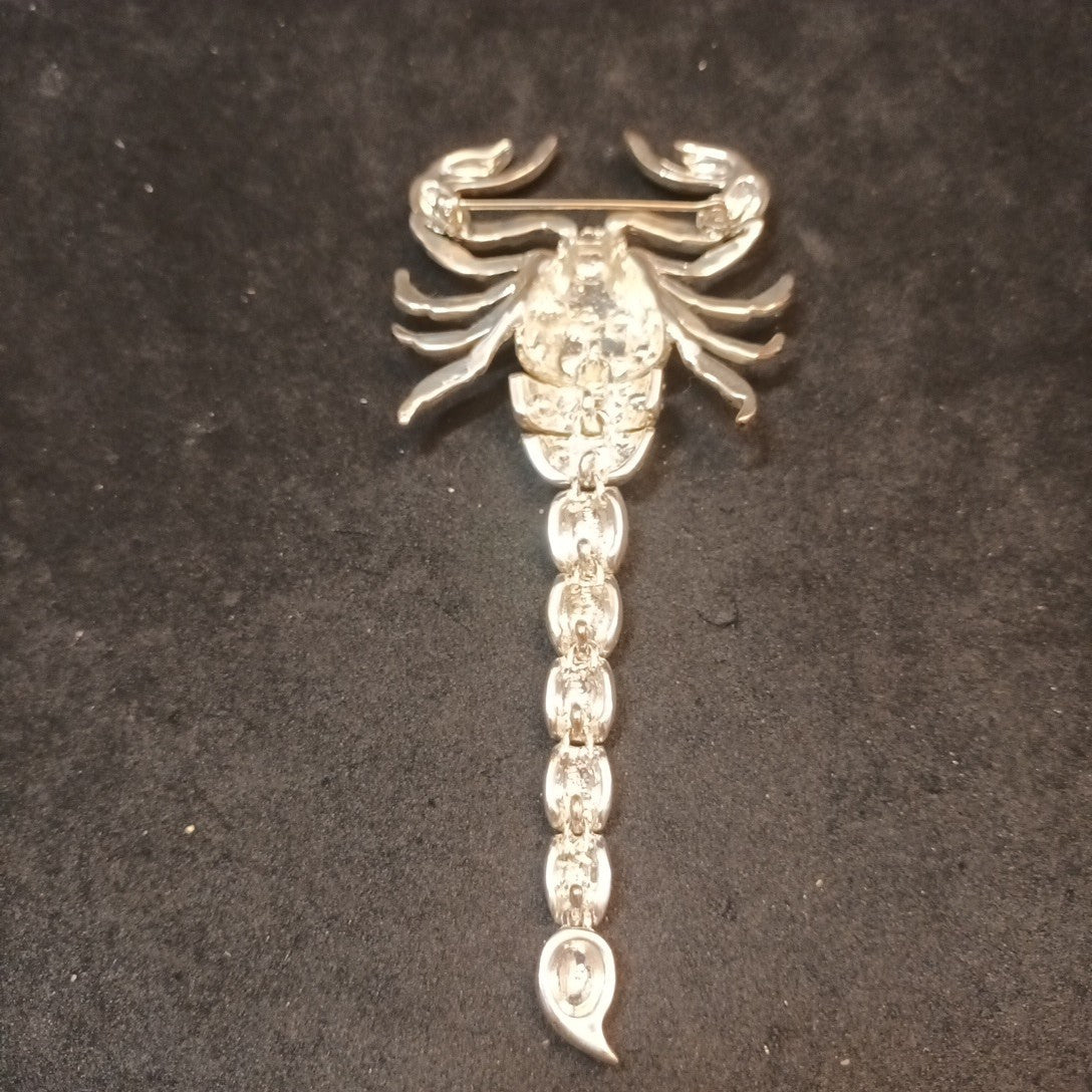 Silver Tone Brooch Scorpion Articulated With Rhinestones