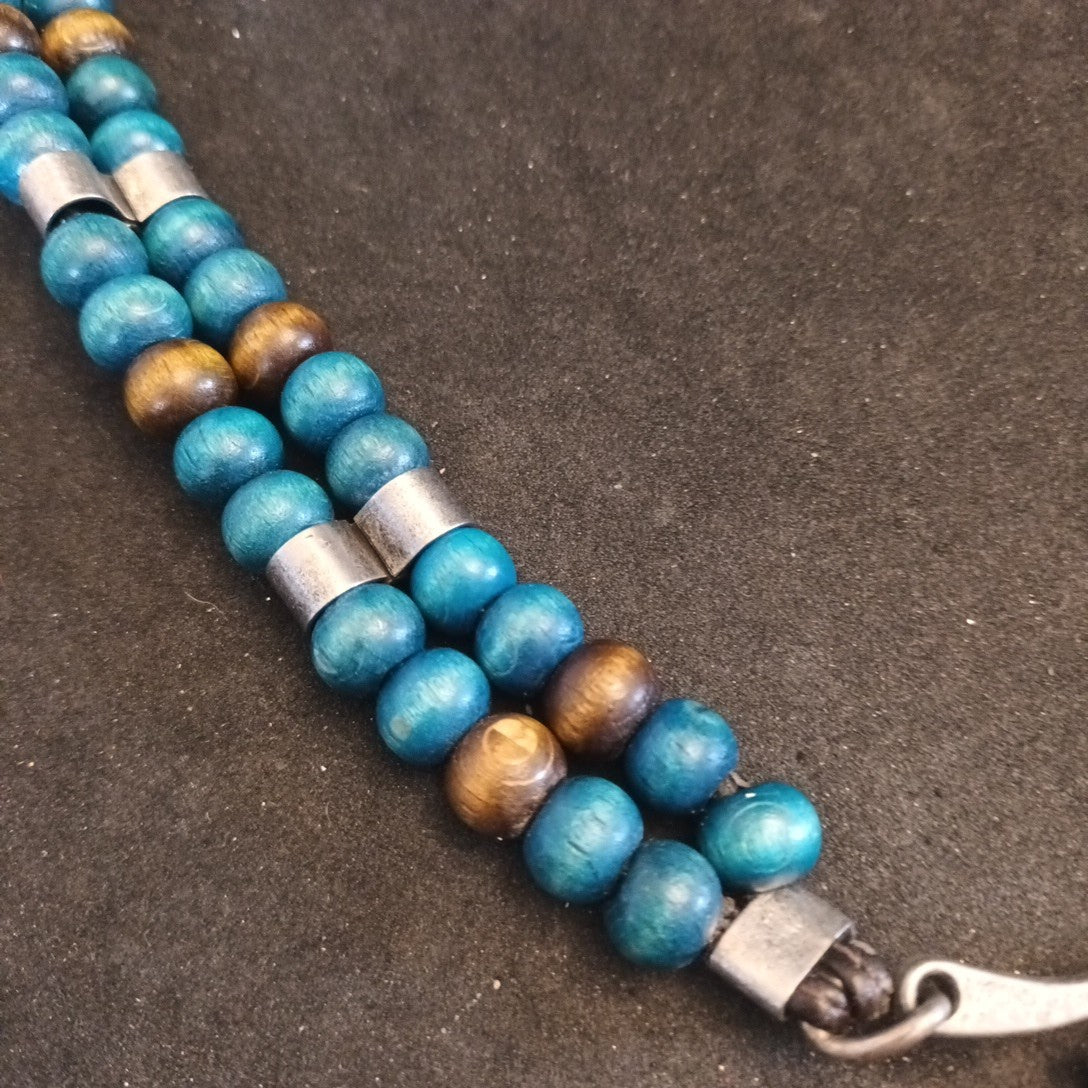 Belt - Wooden Beaded Belt Blue Silver And Brown