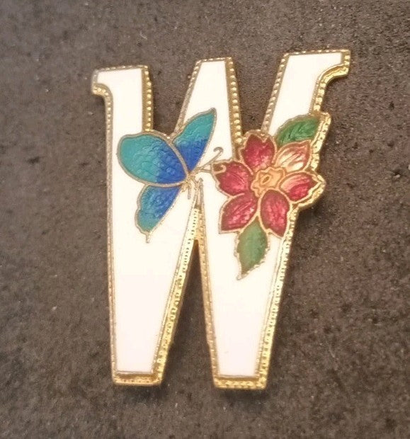 Cloisonne Letter W Brooch. Flower And Butterfly Enamel. Signed SG.