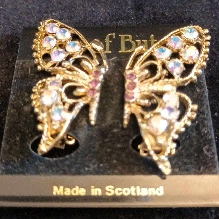 Isle Of Bute Butterfly Earrings Gold Tone Rhinestones