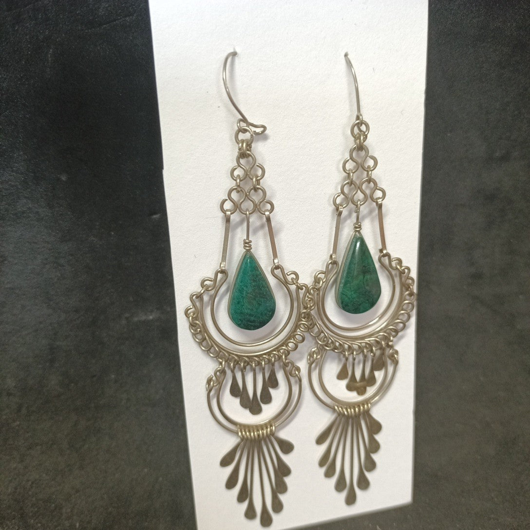 Silver Tone Dangle Earrings With Green Pendant (9cm Drop)
