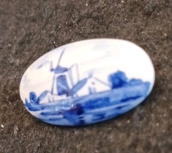 Delft Ceramic Blue And White Brooch Windmill