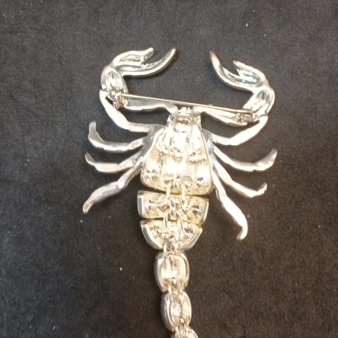 Silver Tone Brooch Scorpion Articulated With Rhinestones