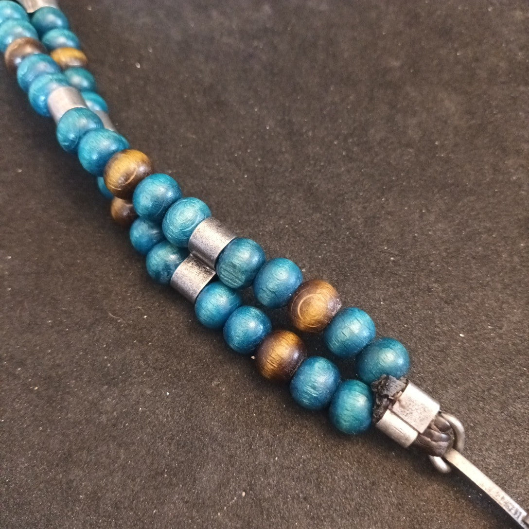 Belt - Wooden Beaded Belt Blue Silver And Brown