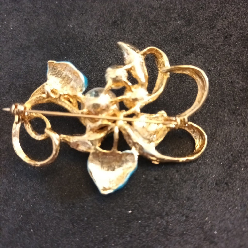 Gold Tone Brooch Faux Pearl Clear Rhinestones  5cm