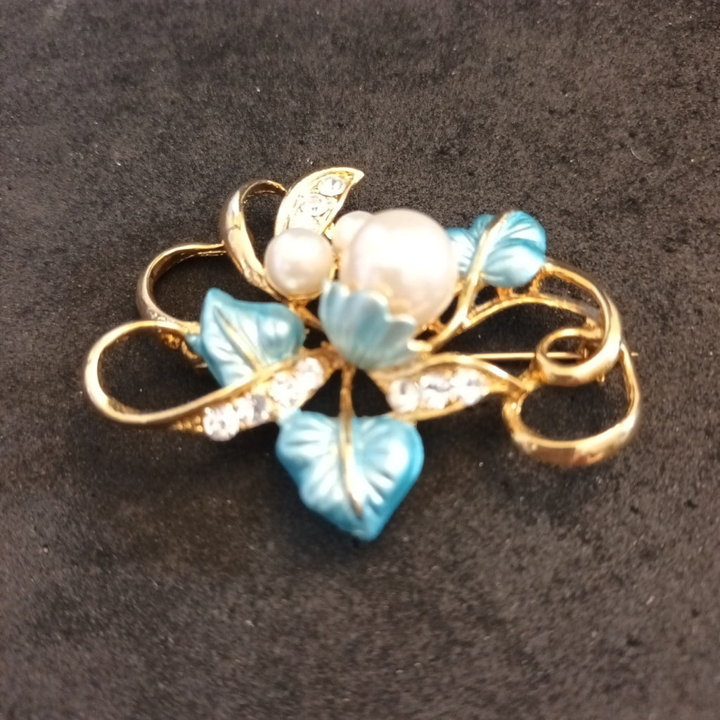 Gold Tone Brooch Faux Pearl Clear Rhinestones  5cm