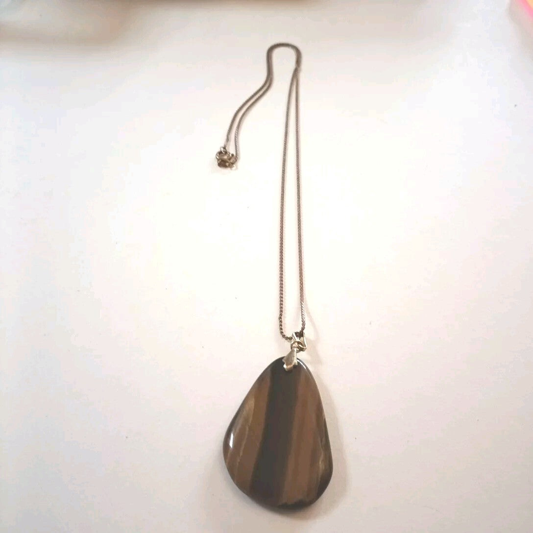 Pendant Necklace  Brass Tone Chain With Stone Pendant. Marked ZA-MI Italy