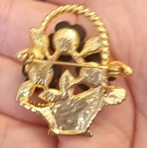 Gold Tone Brooch Basket With Black Roses 3.5cm Tall