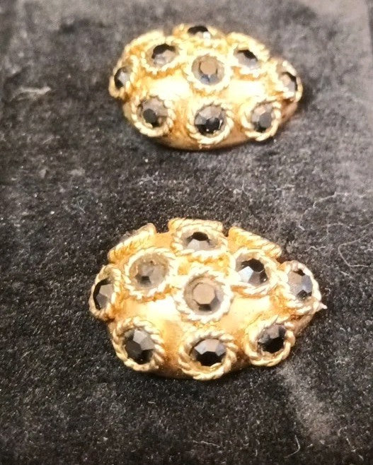 Gold Tone Clip On Earrings Black Glass Faceted Stones