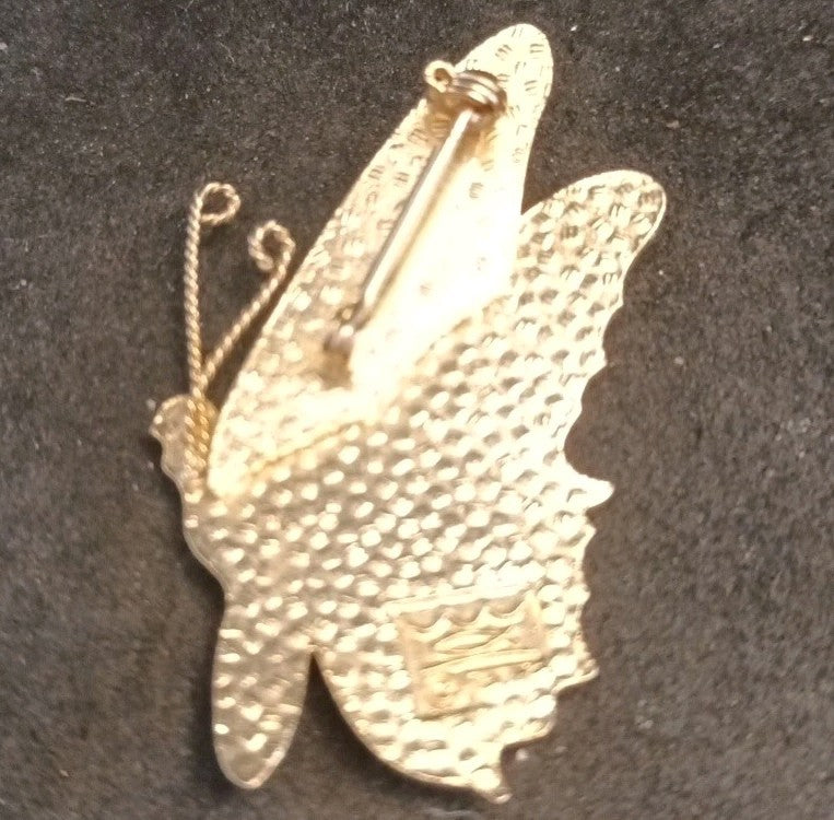 Fish And Crown Butterfly Brooch Enamel Gold Tone