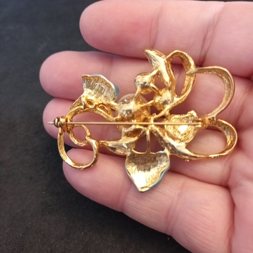 Gold Tone Brooch Faux Pearl Clear Rhinestones  5cm