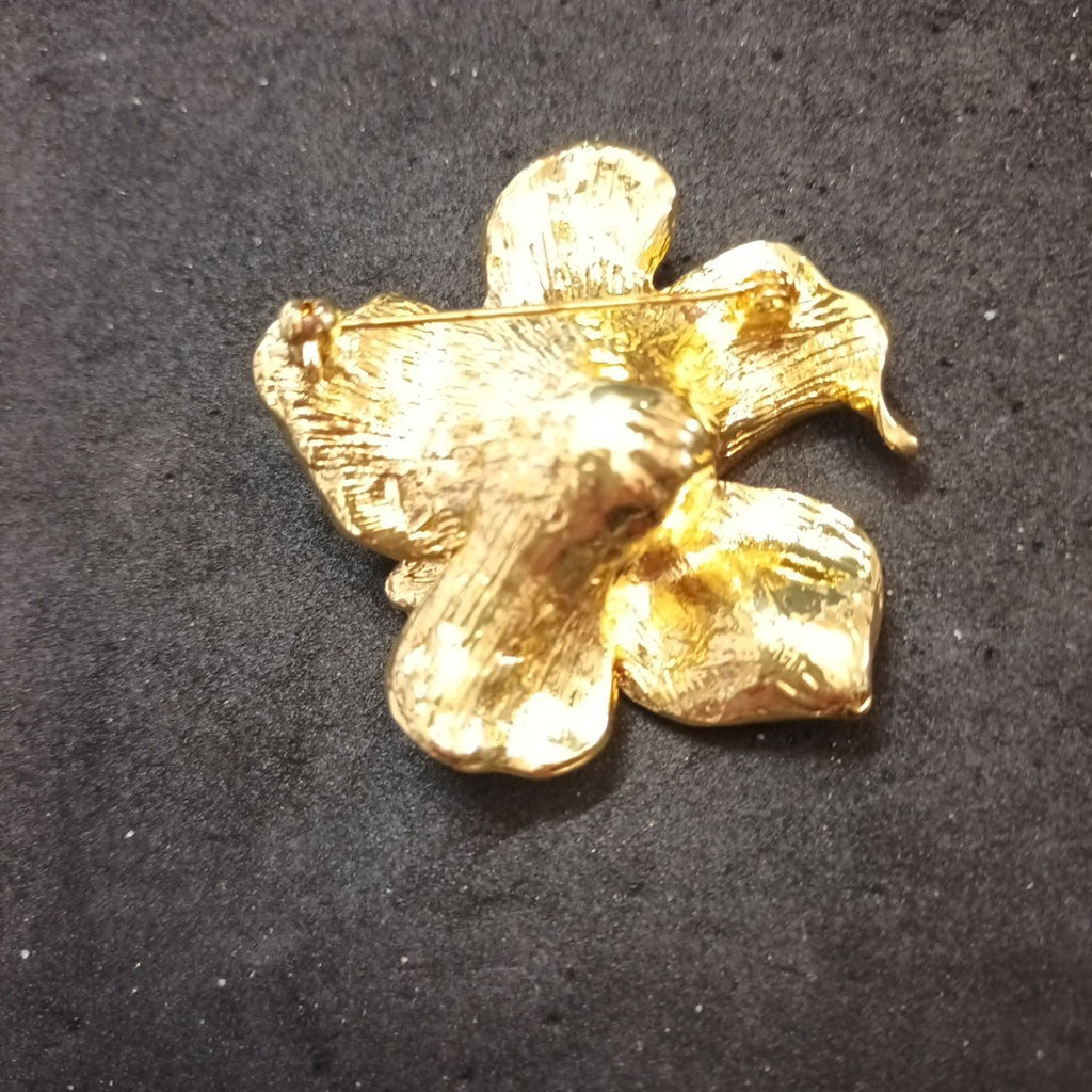 Gold Tone And Red Enamel Brooch Floral 47x47mm