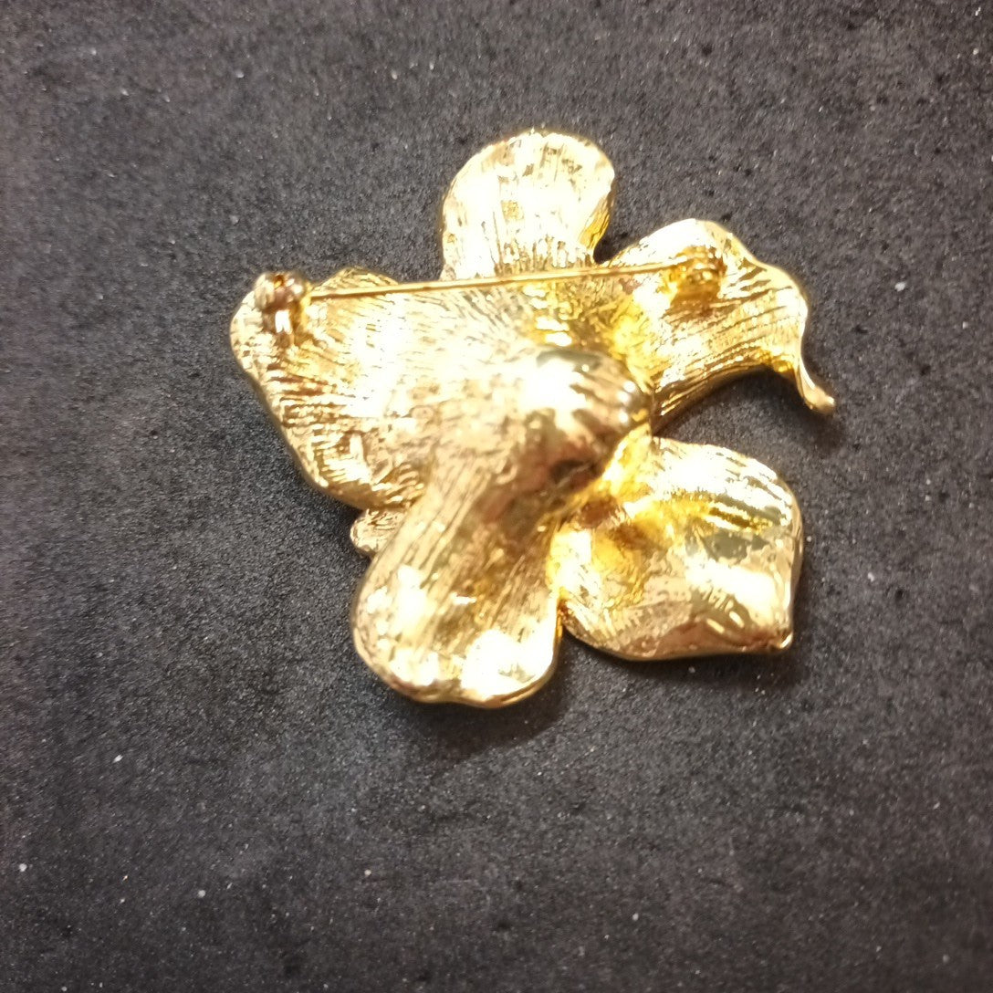 Gold Tone And Red Enamel Brooch Floral 47x47mm