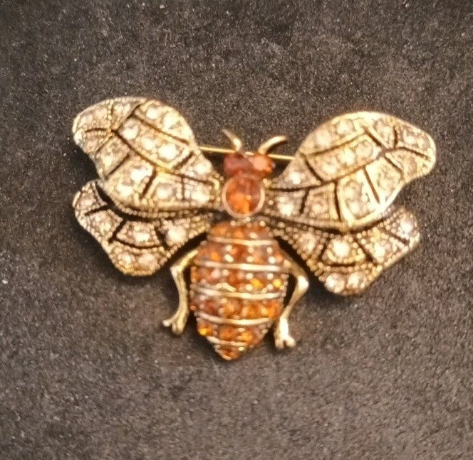 Brass Tone Bee Brooch Clear And Orange Rhinestones 38mm