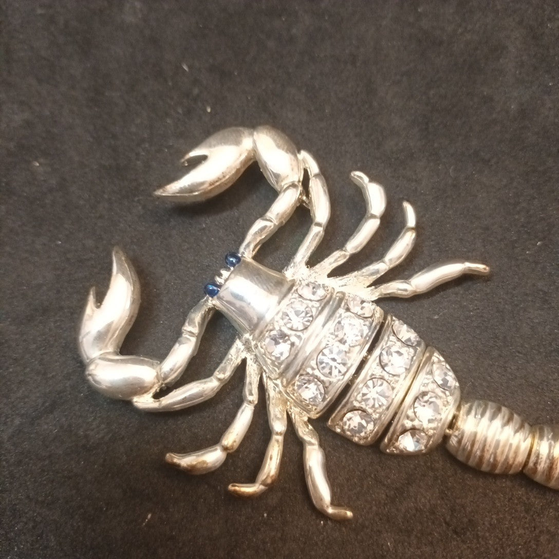 Silver Tone Brooch Scorpion Articulated With Rhinestones