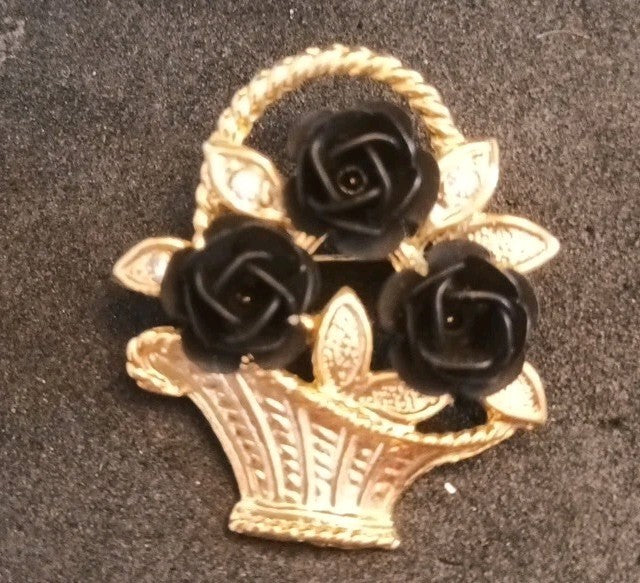 Gold Tone Brooch Basket With Black Roses 3.5cm Tall