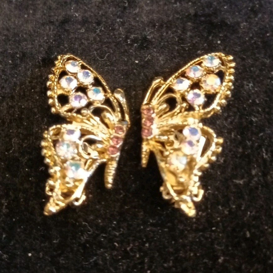 Isle Of Bute Butterfly Earrings Gold Tone Rhinestones