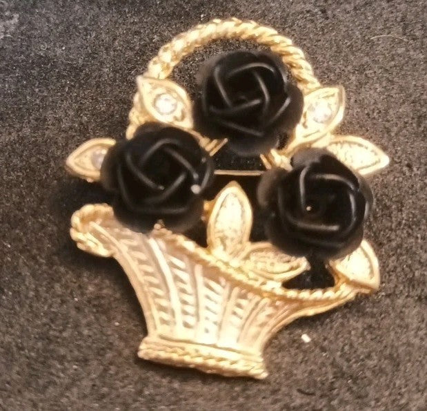 Gold Tone Brooch Basket With Black Roses 3.5cm Tall