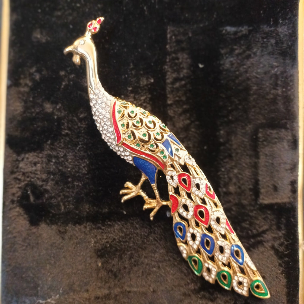 Brooch. 14.5cm Peacock Brooch Gold Tone Colourful