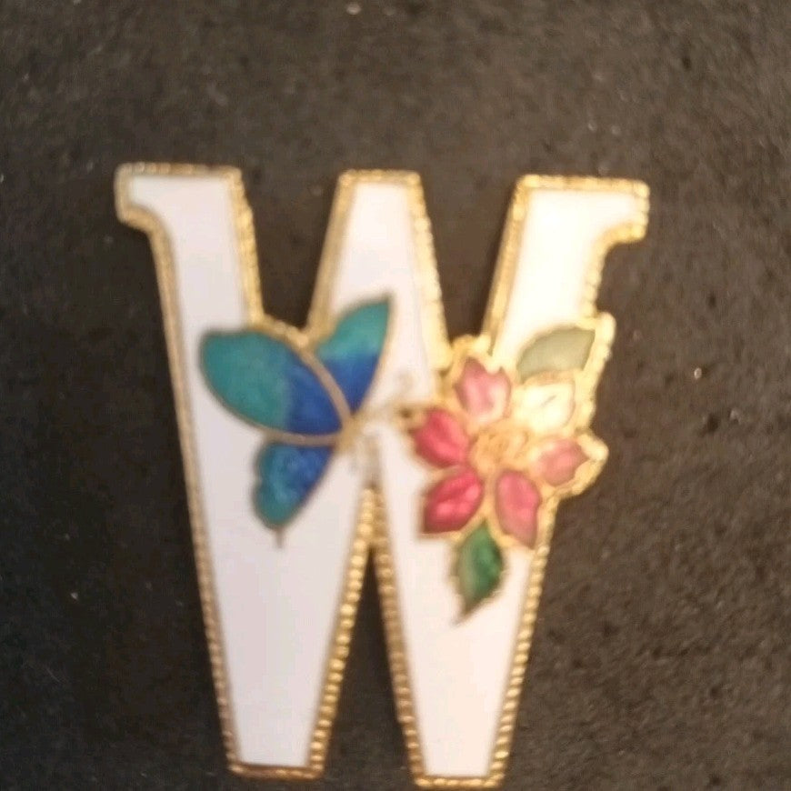 Cloisonne Letter W Brooch. Flower And Butterfly Enamel. Signed SG.