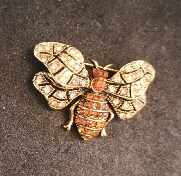 Brass Tone Bee Brooch Clear And Orange Rhinestones 38mm