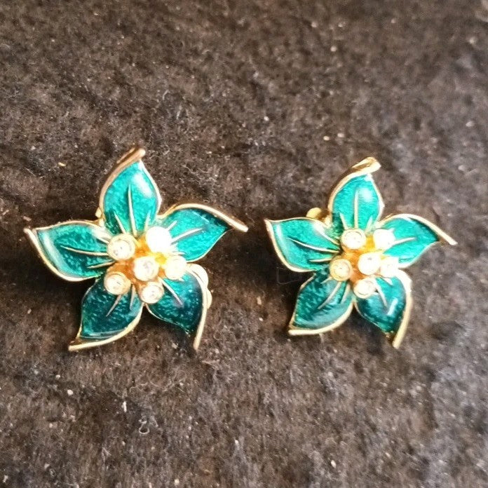 Clip On Earrings Gold Tone Enamel Flower Rhinestones