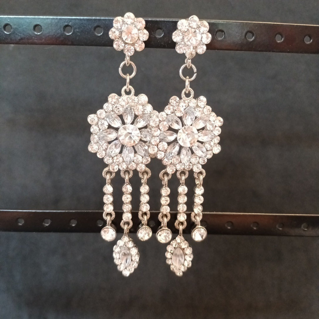 Earrings Silver Tone Statement Sparkle Clear Gemstones  10cm Long