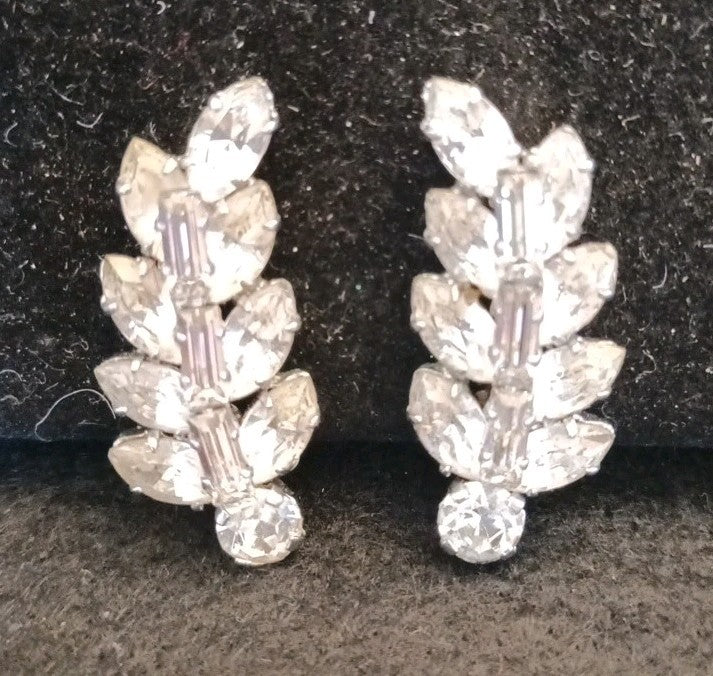 Costume Jewellery Clip On Earrings Silver Tone Clear Rhinestones 3.5cm Long