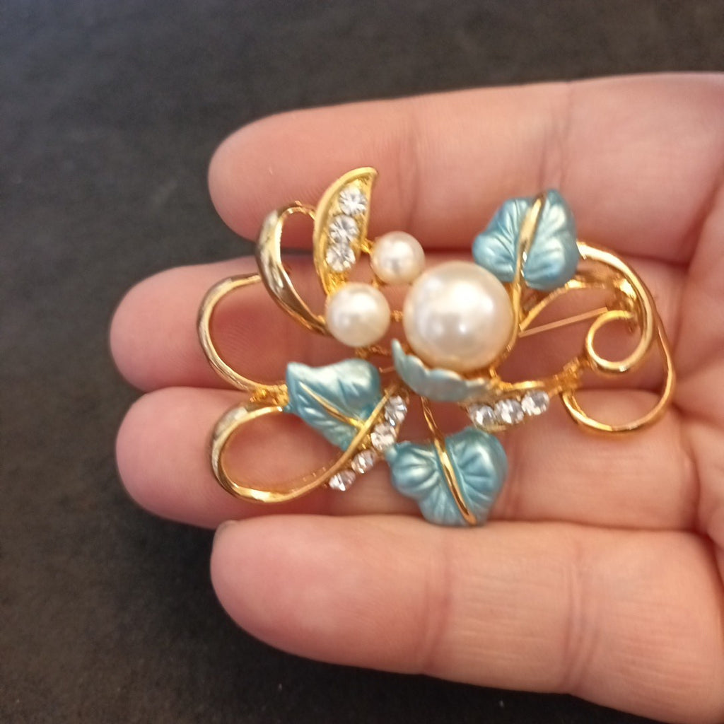 Gold Tone Brooch Faux Pearl Clear Rhinestones  5cm