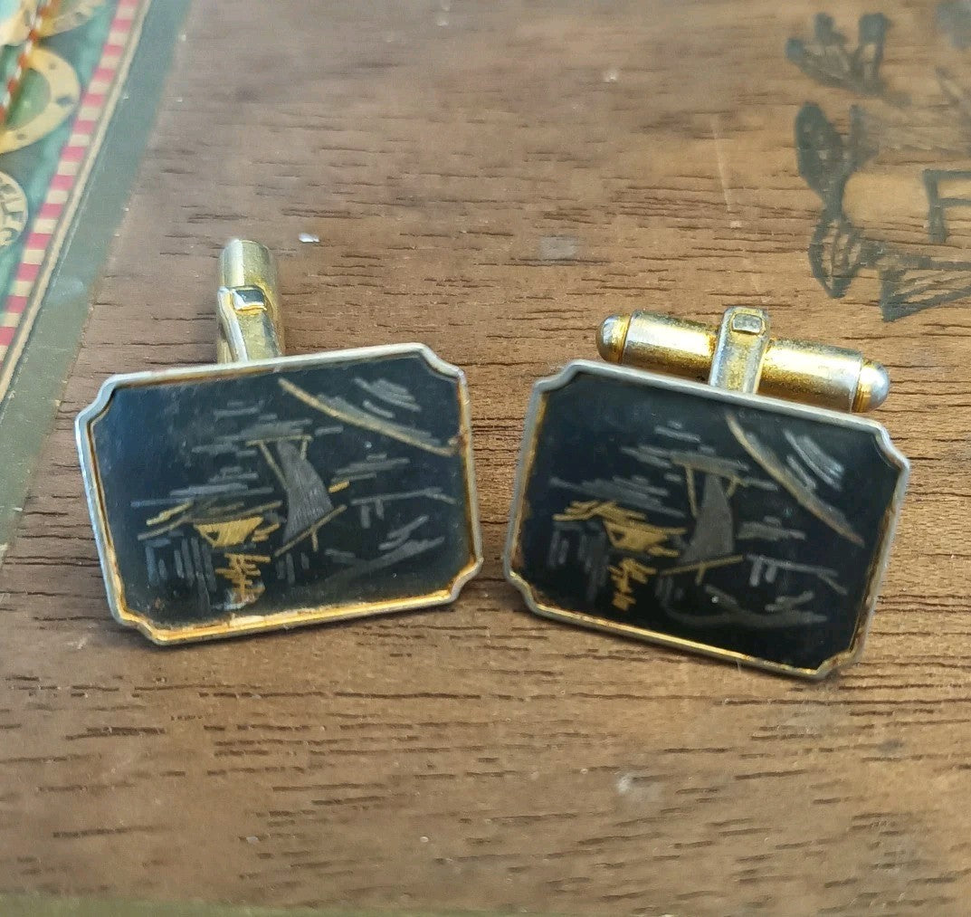 Amita Damascene Cufflinks Gold tone black