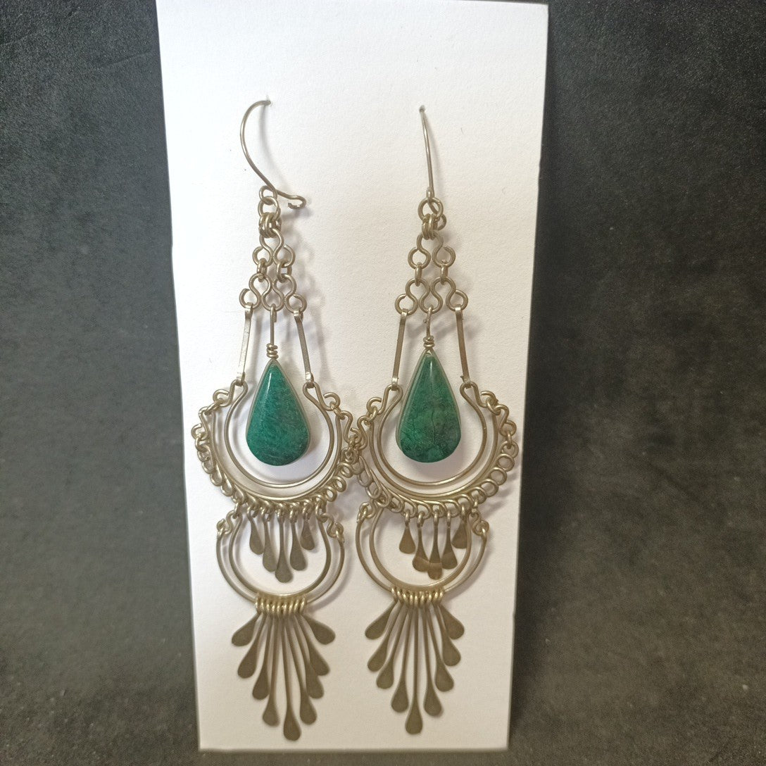 Silver Tone Dangle Earrings With Green Pendant (9cm Drop)