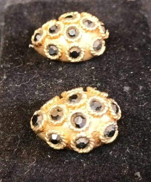 Gold Tone Clip On Earrings Black Glass Faceted Stones