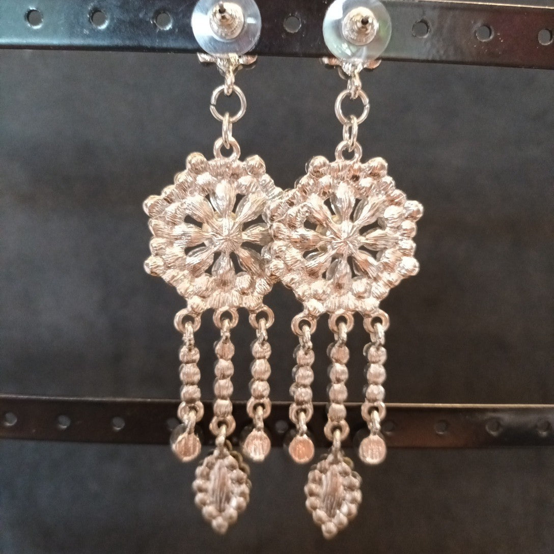 Earrings Silver Tone Statement Sparkle Clear Gemstones  10cm Long