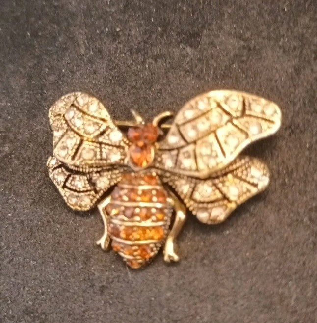 Brass Tone Bee Brooch Clear And Orange Rhinestones 38mm