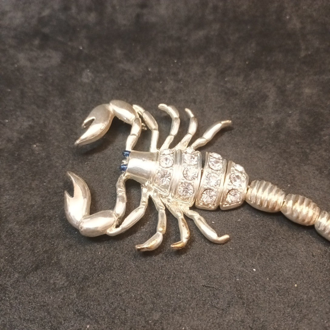 Silver Tone Brooch Scorpion Articulated With Rhinestones