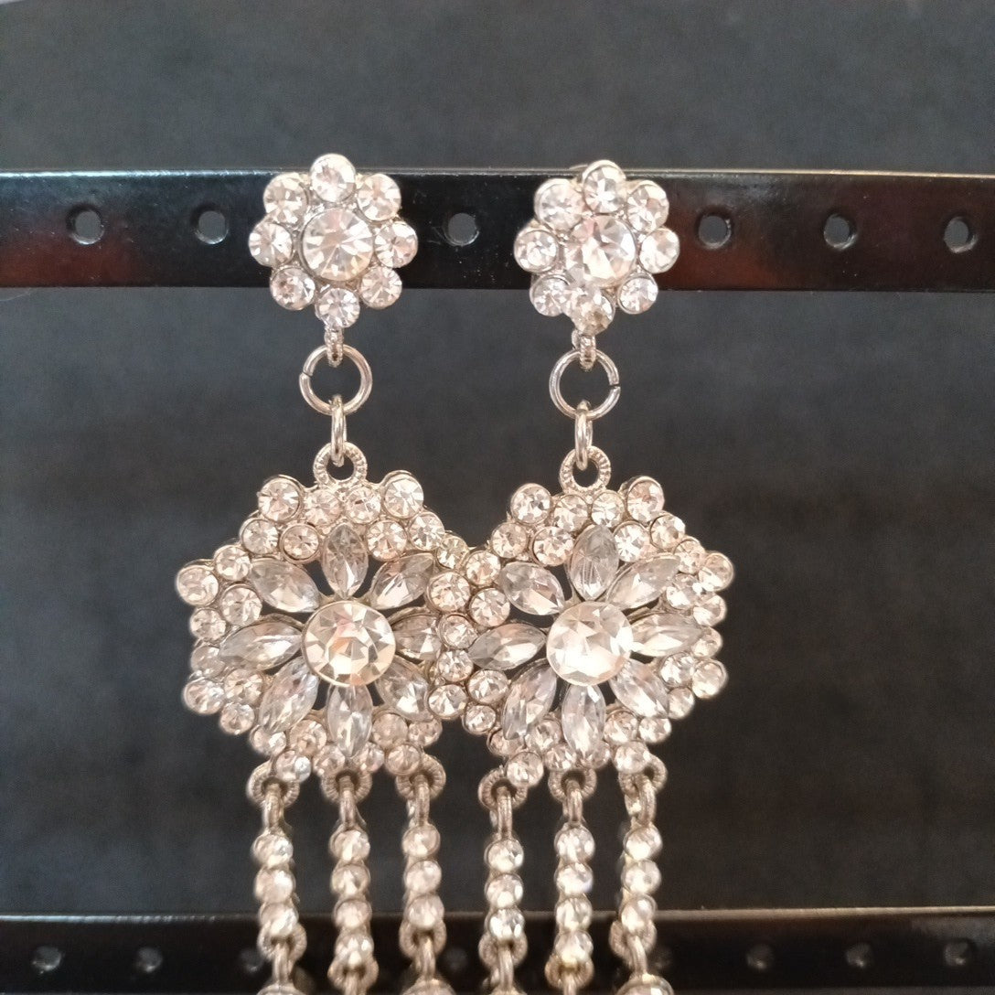 Earrings Silver Tone Statement Sparkle Clear Gemstones  10cm Long