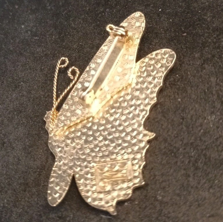 Fish And Crown Butterfly Brooch Enamel Gold Tone