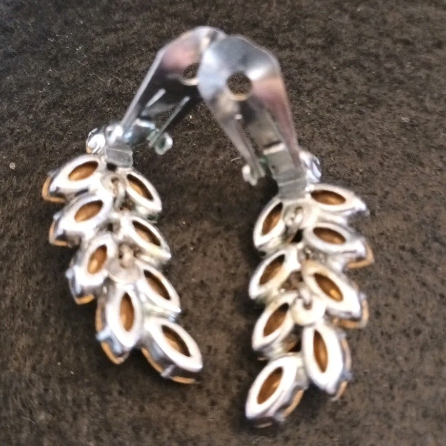 Costume Jewellery Clip On Earrings Silver Tone Clear Rhinestones 3.5cm Long