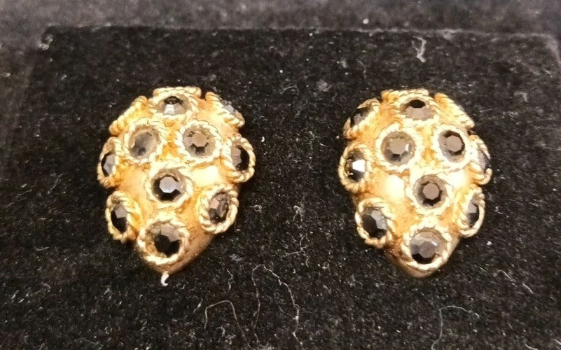 Gold Tone Clip On Earrings Black Glass Faceted Stones