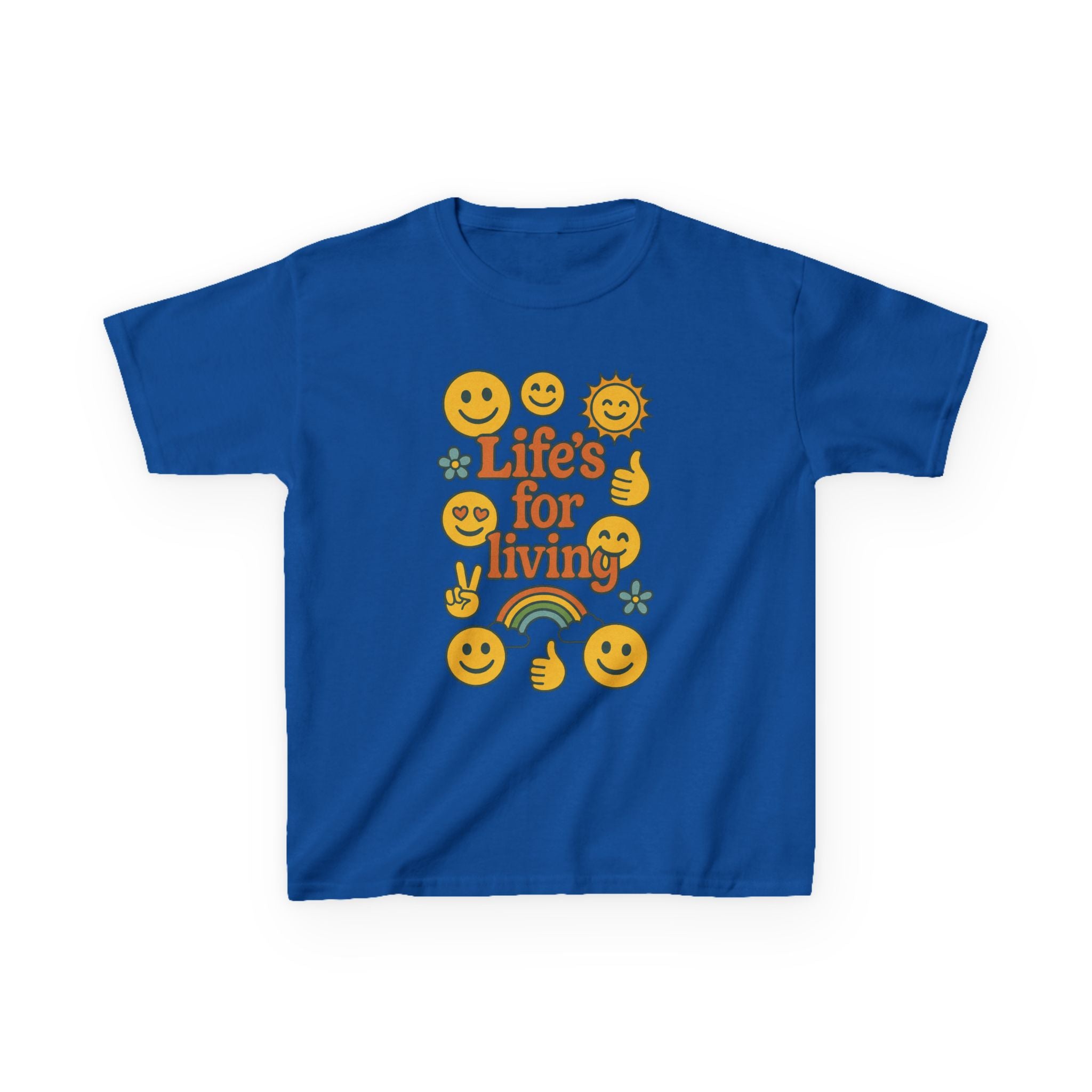 Kids Tee — "Life's for Living" Smiley Emoji Rainbow Graphic