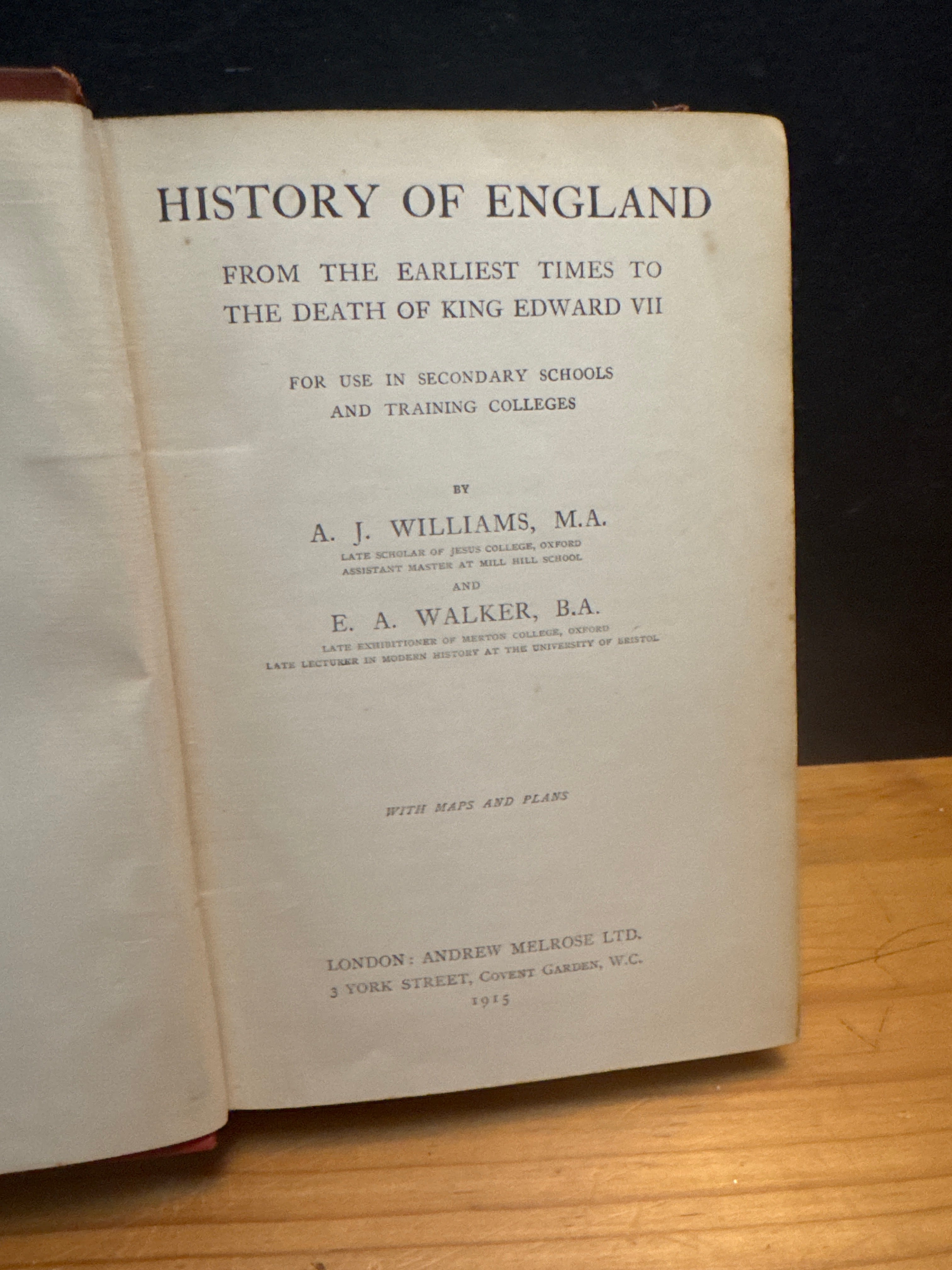 History of England by A. J. Williams and E. A. Walker hardcore