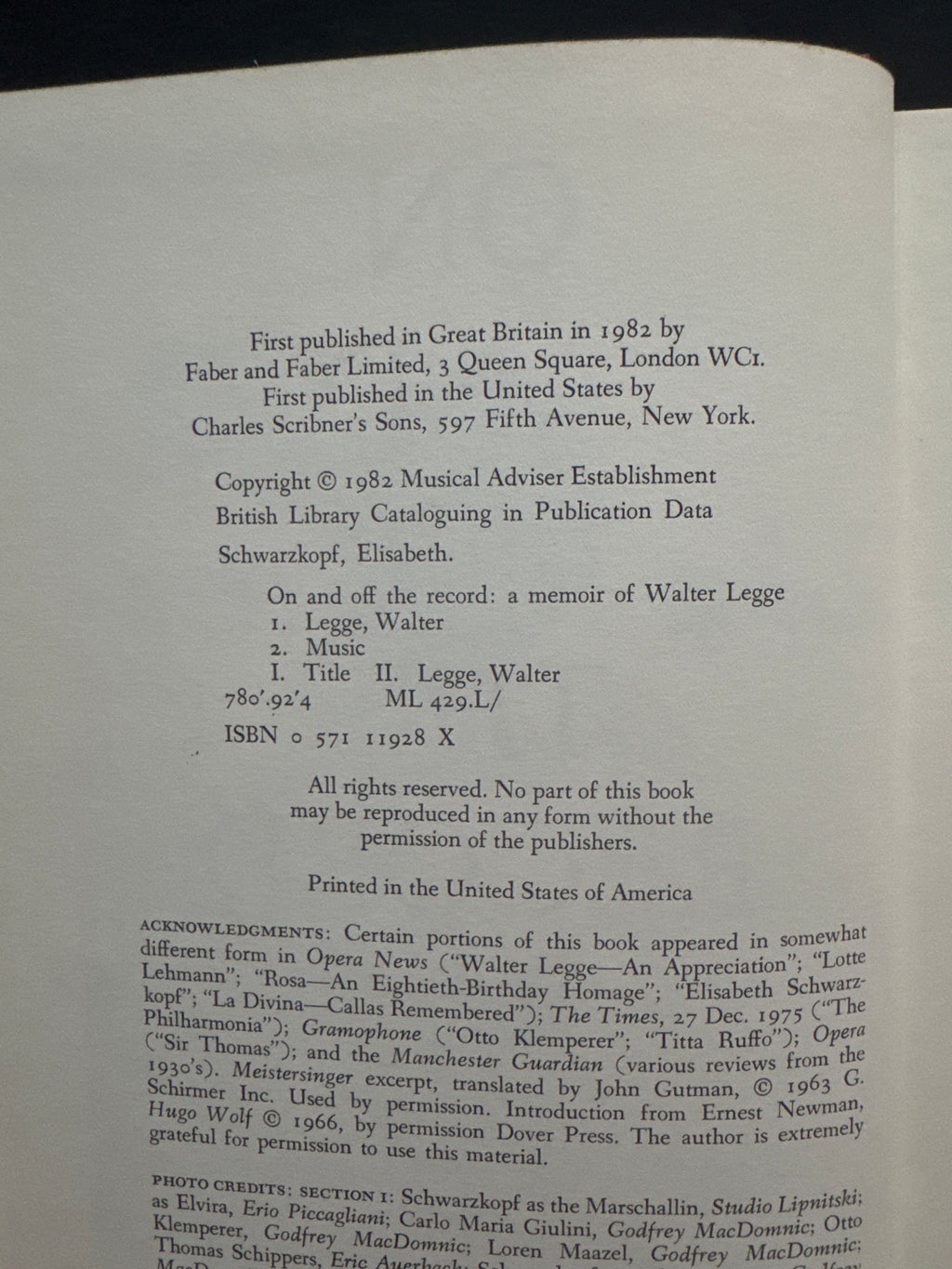 On And Off The Record A Memoir Of Walter Legge by Elisabeth Schwarzkopf, hardcover book